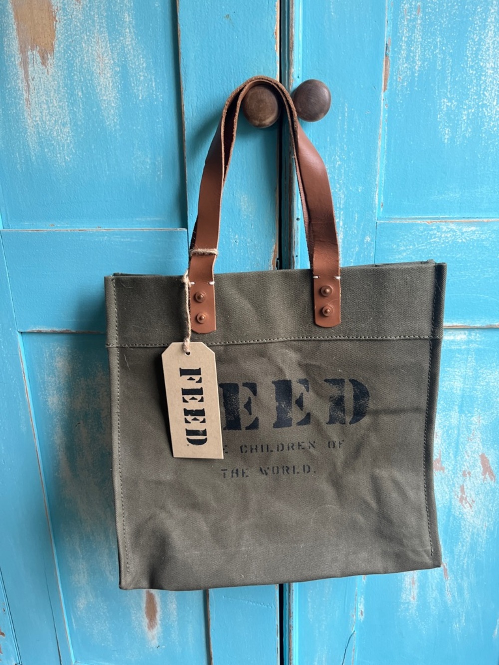 FEED Olive Canvas Satchel with Brown Leather Handles